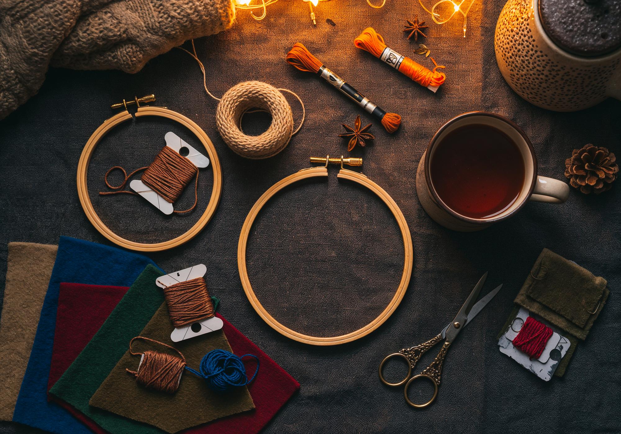 atelier tisch mit stickrahmen und garn