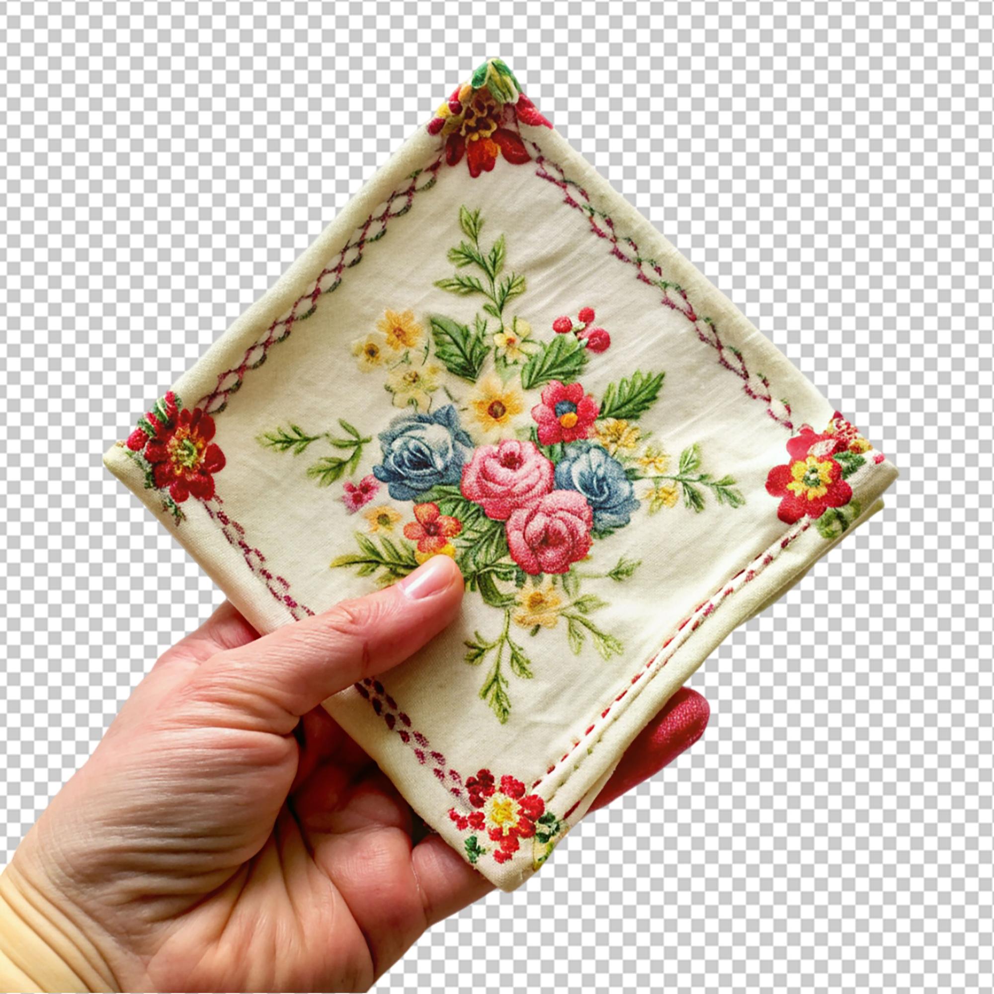 hand hãlt besticktes taschentuch mit blumendesign